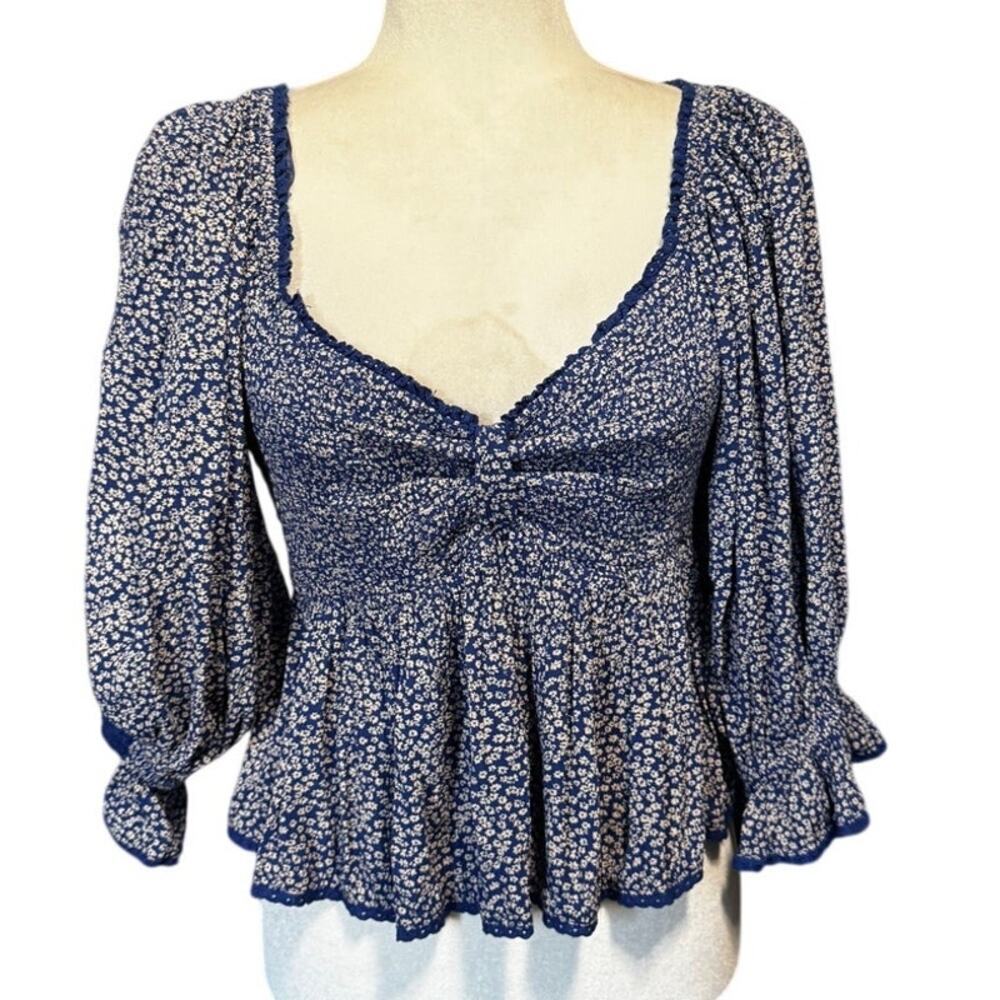 Free People Brittnee Print Smocked Peplum Top – Blue Combo Milkmaid Boho